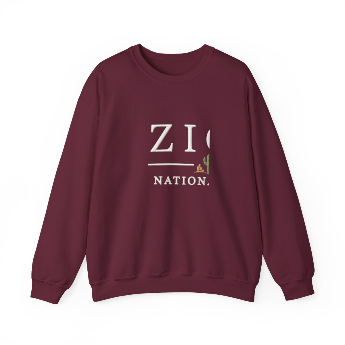 A navy blue Hoodies featuring white text: "ZION NATIONAL PARK". Below the word "ZION" is a green and brown cactus graphic. The word is in a white rectangle at the bottom of the image - Official Sweatshirts merchandise