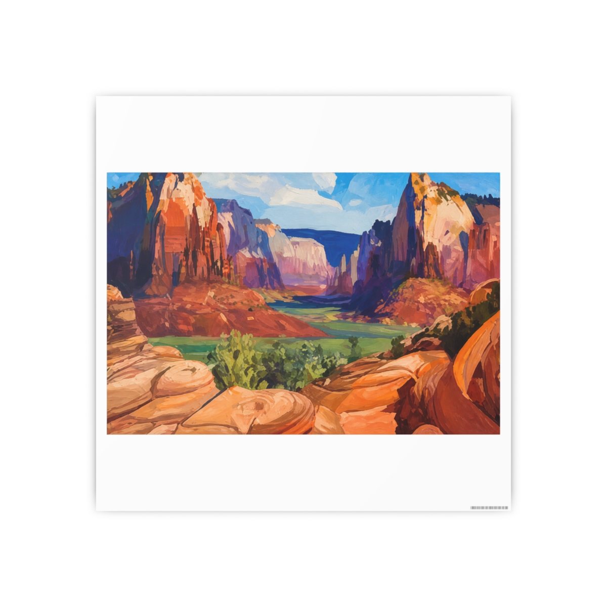 A canvas print of a canyon landscape, showcasing towering red rock formations, green foliage, and a blue sky. The artwork uses a vivid palette of oranges, reds, greens, and blues, capturing the... - alternate angle 3, merchandise