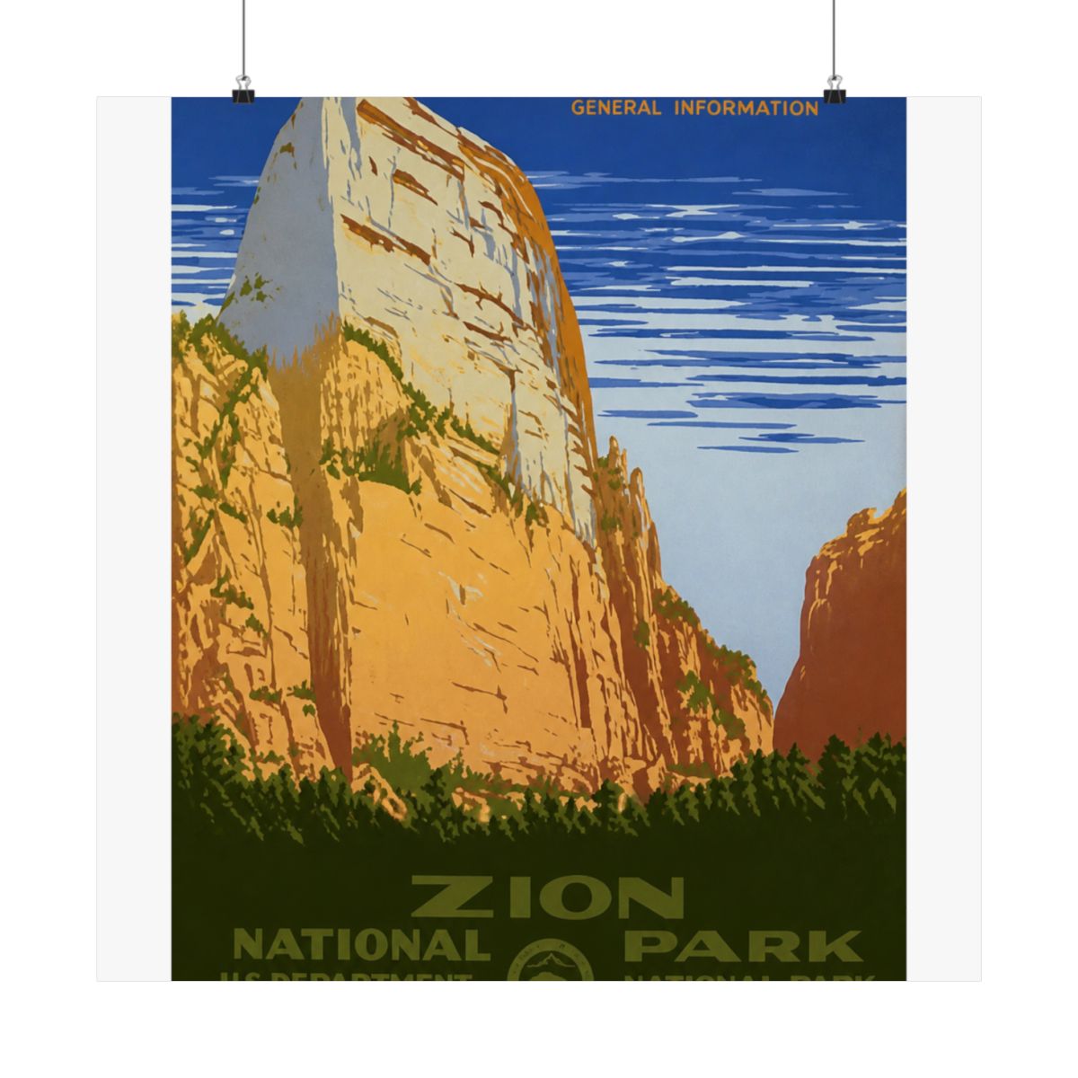 Vintage poster advertising Zion National Park. The image shows a large rock formation in shades of tan and orange, with green vegetation at the base. The poster includes the text "RANGER NATURALIST... - alternate angle 4, merchandise