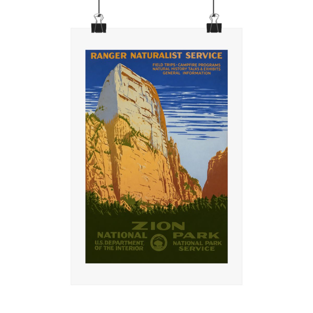 Vintage poster advertising Zion National Park. The image shows a large rock formation in shades of tan and orange, with green vegetation at the base. The poster includes the text "RANGER NATURALIST... - alternate angle 1, merchandise