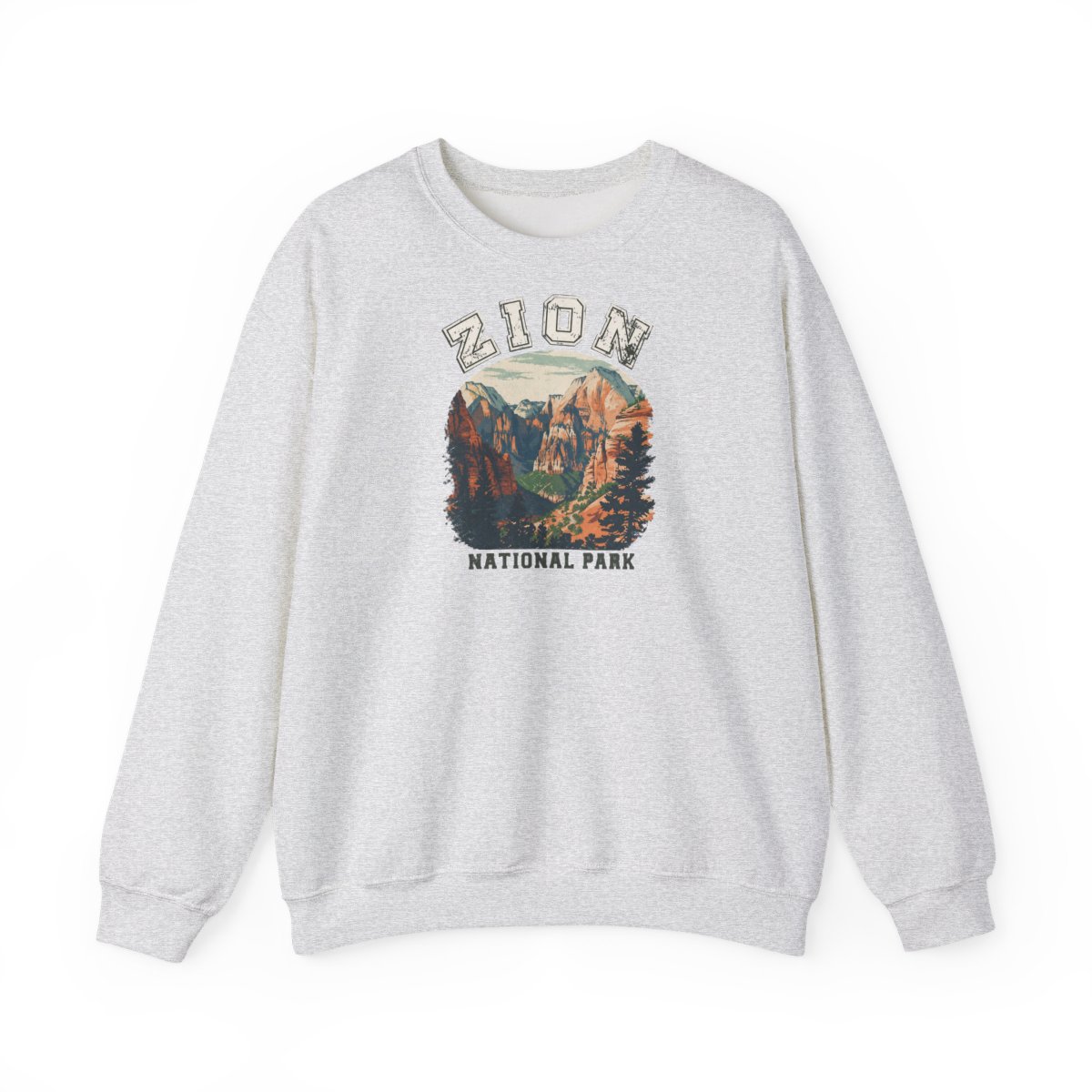 Green Hoodies featuring a vintage-style graphic of Zion National Park. The graphic depicts a mountain range with a river flowing through it. The text "Zion National Park" is printed beneath the... - alternate angle 3, merchandise